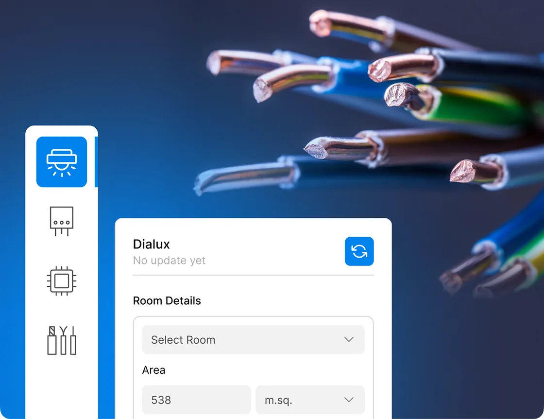 Electrical design calculation: room lighting worked out in the Dialux panel, with a cable bundle behind