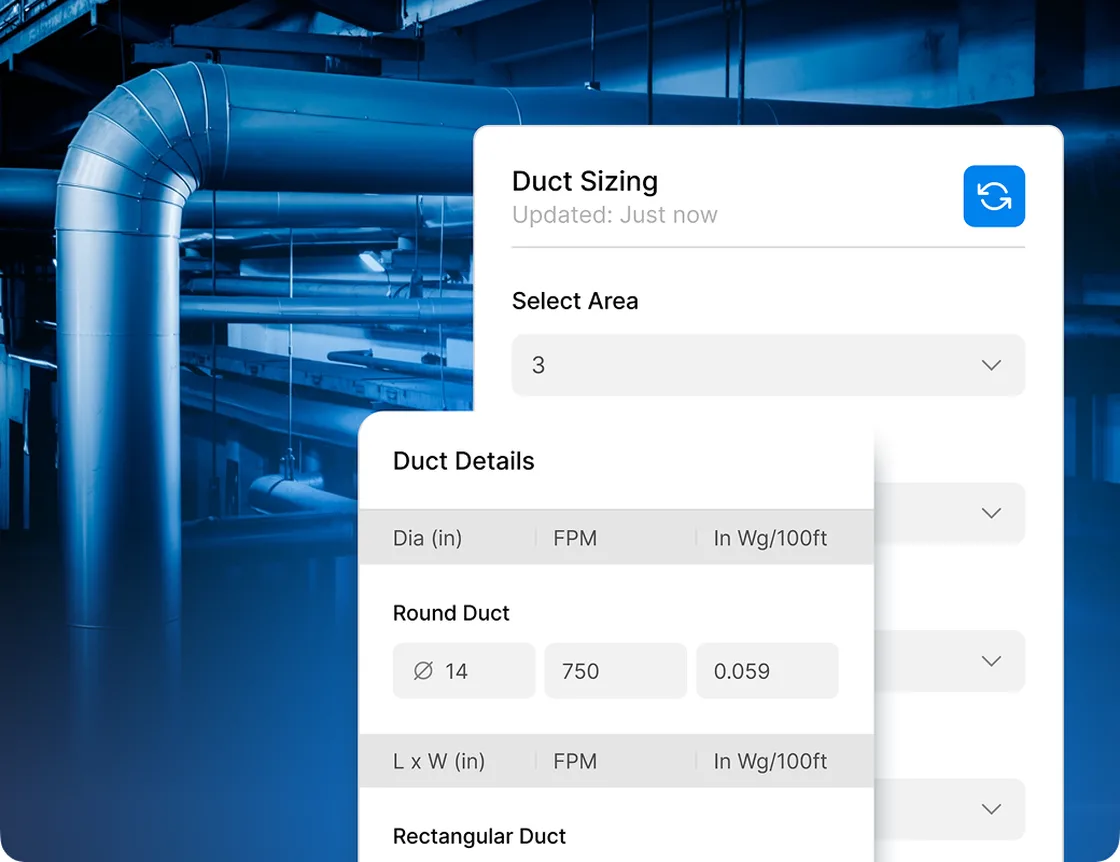 HVAC design calculation: duct sizing panel in front of a plant room
